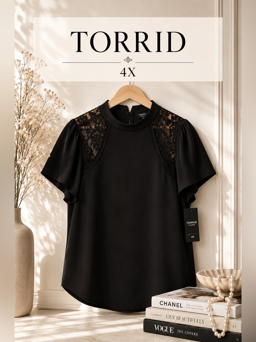 Torrid Studio Crepe Black Mock Neck Lace Inset Top Size 4X NWT